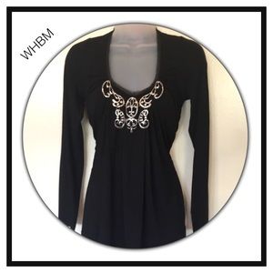 WHBM Black LS top silver hdwr beautiful design szS
